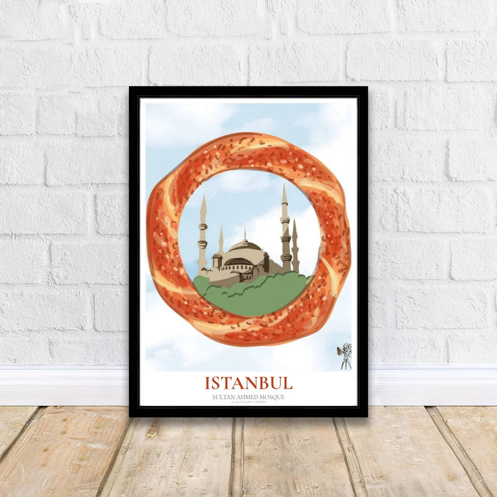 Scenic Istanbul Turkey poster displaying Blue Mosque simit artwork with sleek title text reading ISTANBUL at the bottom. Offered by MapYourDreams, this artwork is available in flexible options including unframed paper, custom wooden frames, and gallery canvas wraps to enhance any wall space.