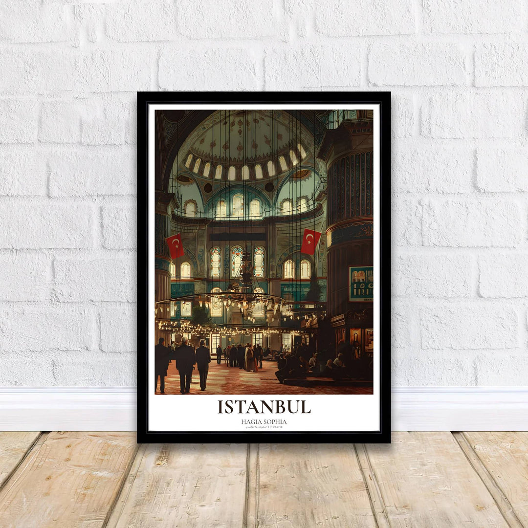 Classical Byzantine and Ottoman architecture poster featuring Hagia Sophia interior in Istanbul with chandelier lighting. Supplied by MapYourDreams, this artwork is available in flexible options including unframed paper, custom wooden frames, and gallery canvas wraps for stylish decor.
