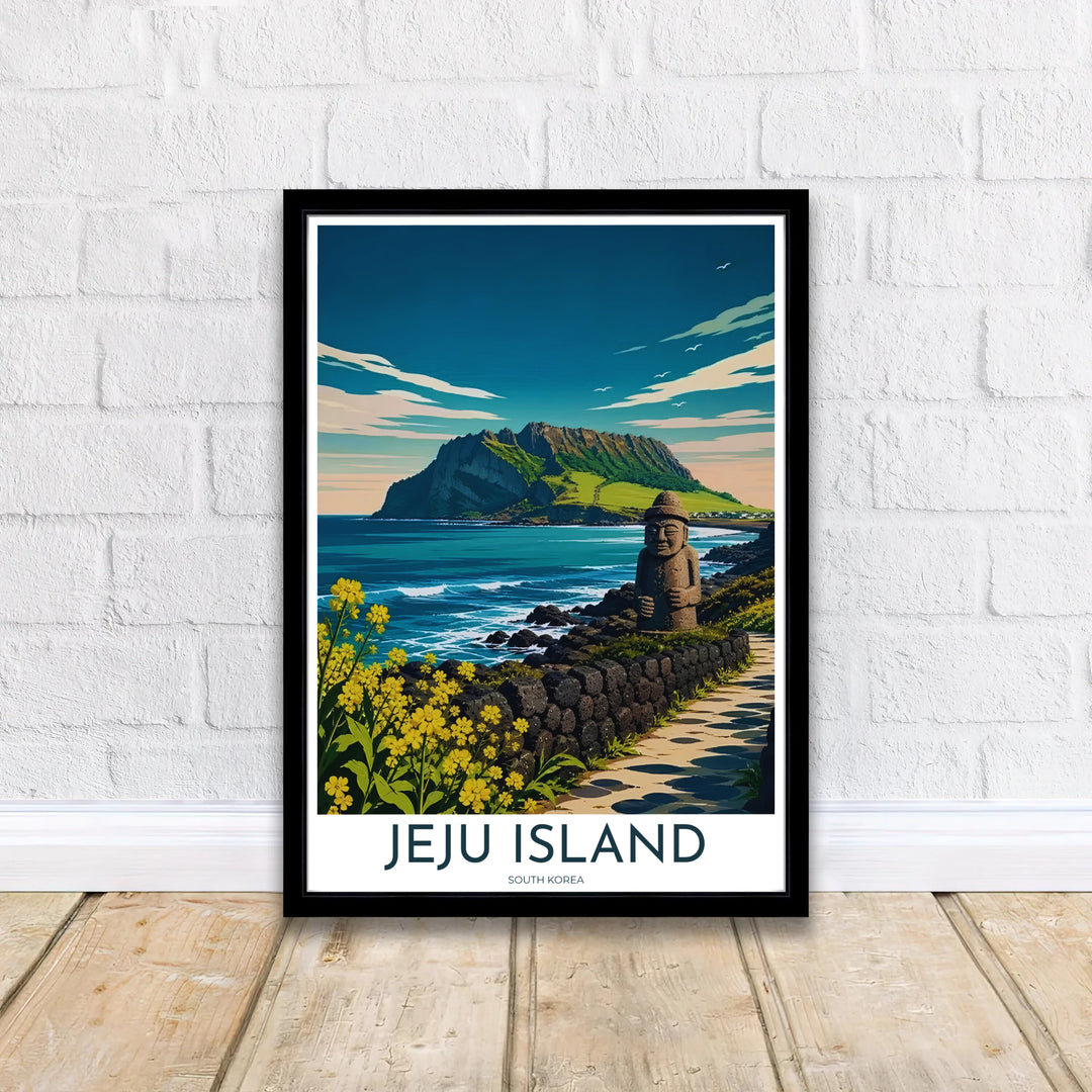 Picturesque Korean coastal art print showing the volcanic crater of Seongsan Ilchulbong in Jeju Island, South Korea, set against a teal sky with sweeping clouds and flying seabirds. Offered by MapYourDreams, this artwork is available in flexible options including unframed paper, custom wooden frames, and gallery canvas wraps.