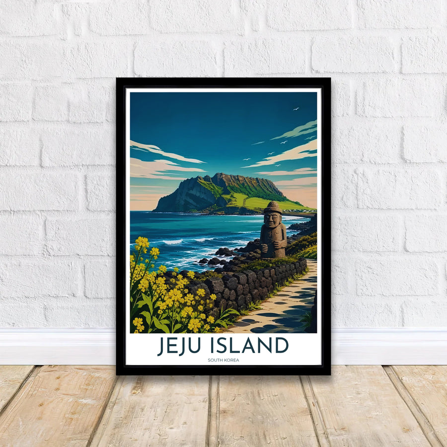 Picturesque Korean coastal art print showing the volcanic crater of Seongsan Ilchulbong in Jeju Island, South Korea, set against a teal sky with sweeping clouds and flying seabirds. Offered by MapYourDreams, this artwork is available in flexible options including unframed paper, custom wooden frames, and gallery canvas wraps.