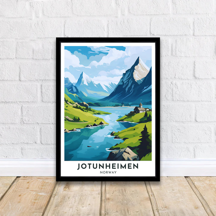 Panoramic vector rendering of Jotunheimen National Park in Norway featuring winding valley streams and dramatic mountain contours under a soft sky. A thoughtful gift for travel lovers, this artwork is available in high definition as a ready to hang framed poster, unframed archival paper print, or gallery wrapped canvas display.