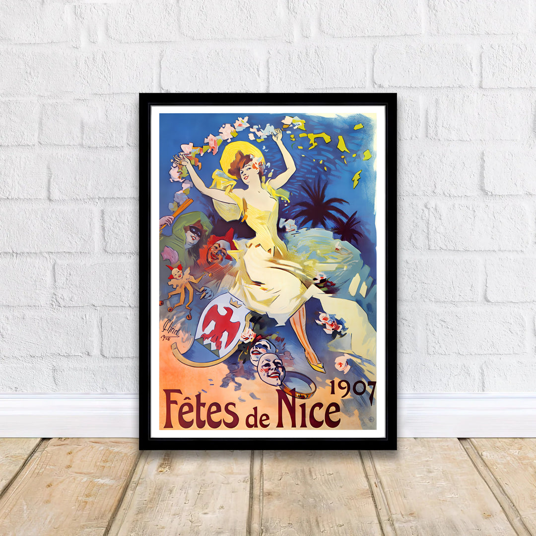French travel and festival advertisement poster Fêtes De Nice by artist Jules Chéret depicting a Chérette figure in Nice France on the French Riviera. MapYourDreams supplies framed, unframed, and canvas poster options for wall decor.