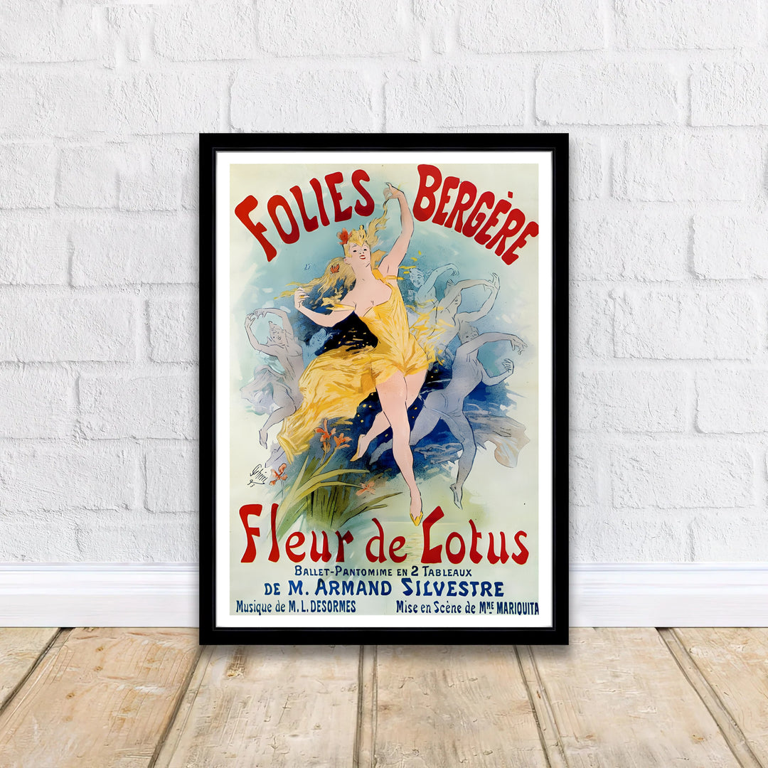 Vintage French lithograph wall art print Folies Bergère Fleur De Lotus by artist Jules Chéret created for the famous cabaret in Paris France. MapYourDreams delivers archival framed, unframed paper, and gallery canvas prints.