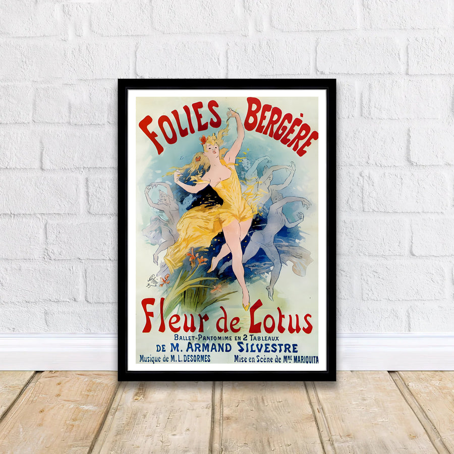 Vintage French lithograph wall art print Folies Bergère Fleur De Lotus by artist Jules Chéret created for the famous cabaret in Paris France. MapYourDreams delivers archival framed, unframed paper, and gallery canvas prints.