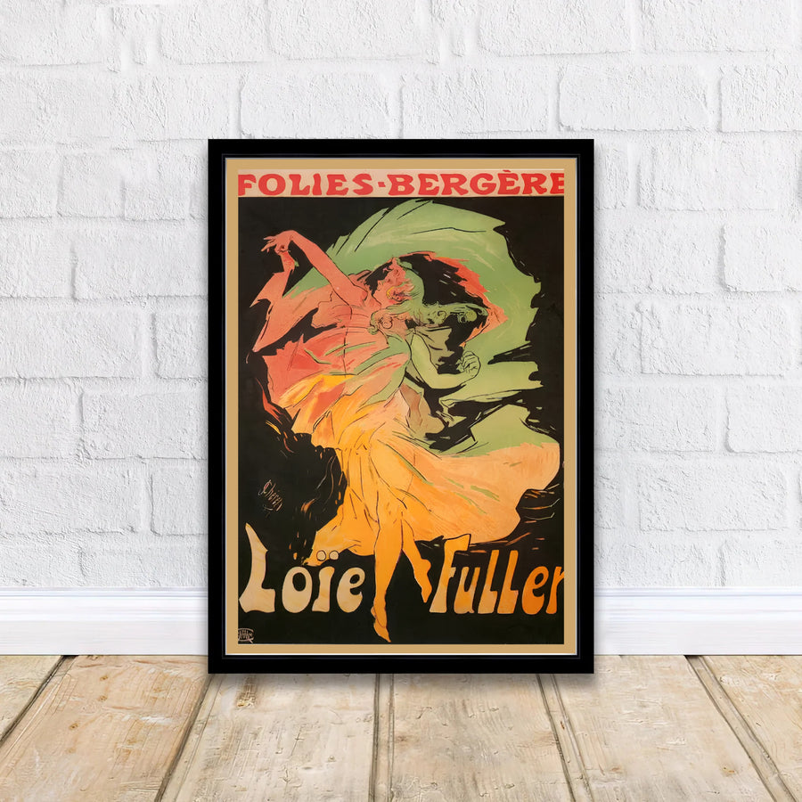 Vintage French lithograph wall art print Loïe Fuller Folies Bergère by artist Jules Chéret created for the famous cabaret in Paris France. MapYourDreams delivers archival framed, unframed paper, and gallery canvas prints.