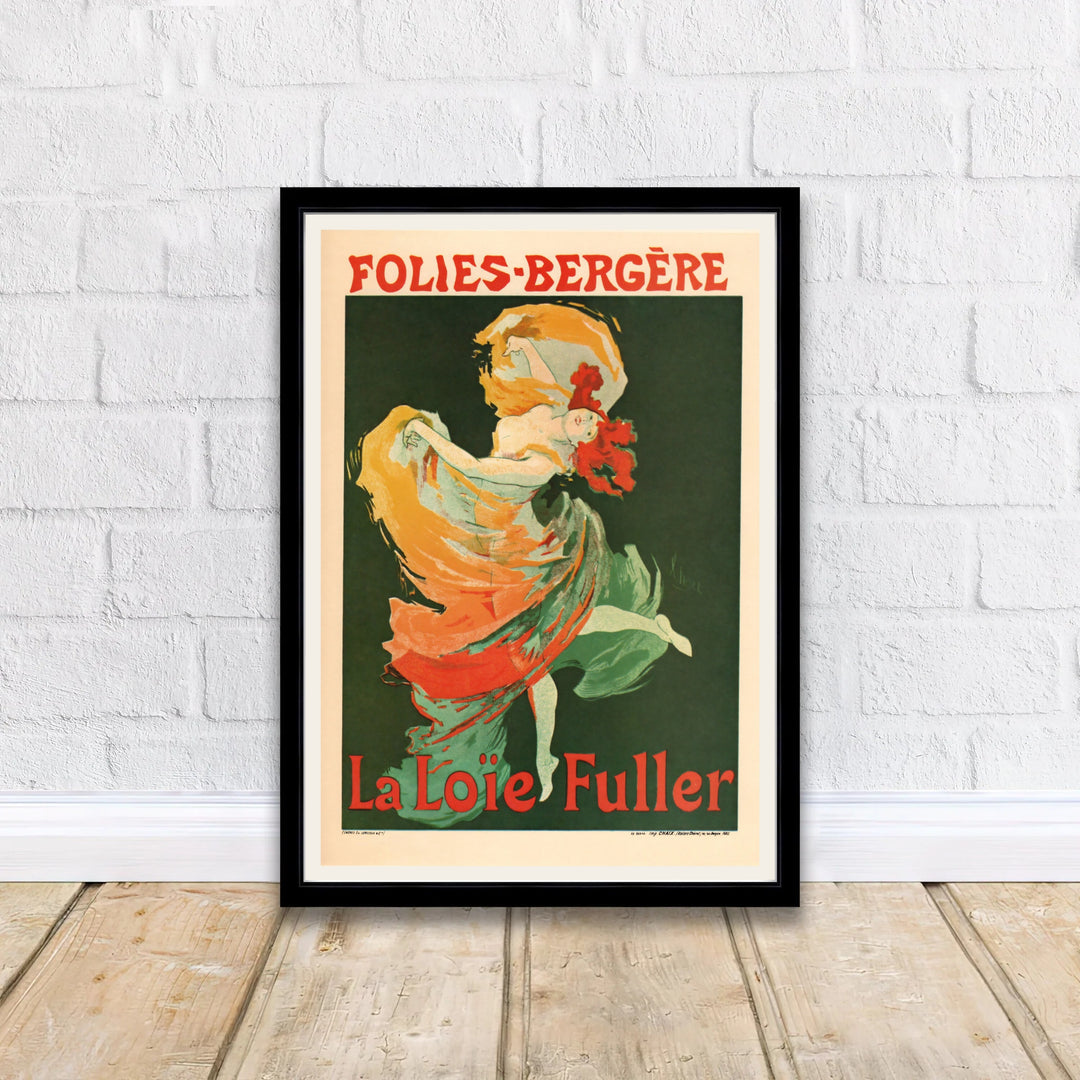 Decorative French Belle Époque poster Folies Bergère La Loïe Fuller by artist Jules Chéret displaying serpentine dance movement in Paris France. Discover custom framed, unframed, and canvas print decor options at MapYourDreams.