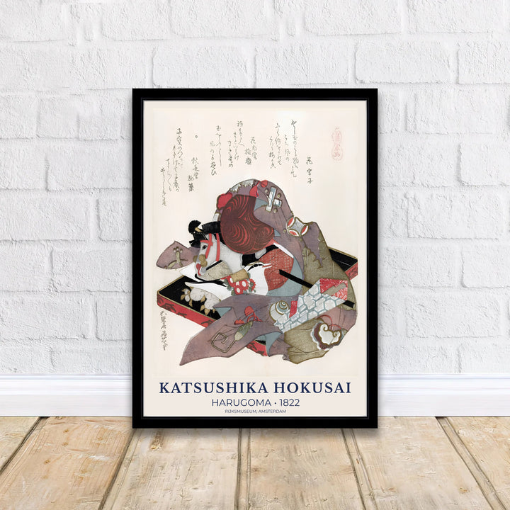 Refined Japanese heritage poster by artist Katsushika Hokusai displaying a traditional Harugoma print on cream paper in Amsterdam. Discover tailored framed, unframed, and canvas print decor options at MapYourDreams.