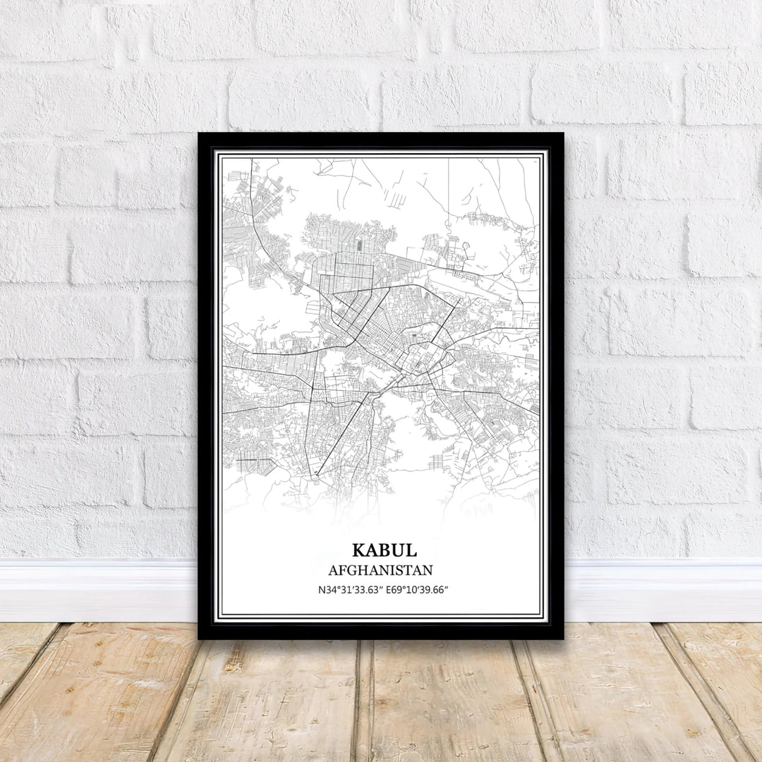 Kabul Afghanistan city map wall art poster featuring crisp vector lines and geographic coordinate text, offered by MapYourDreams as an unframed fine art print, stretched gallery canvas, or custom framed wall decor in classic black and natural wood frame finishes for workspace walls.