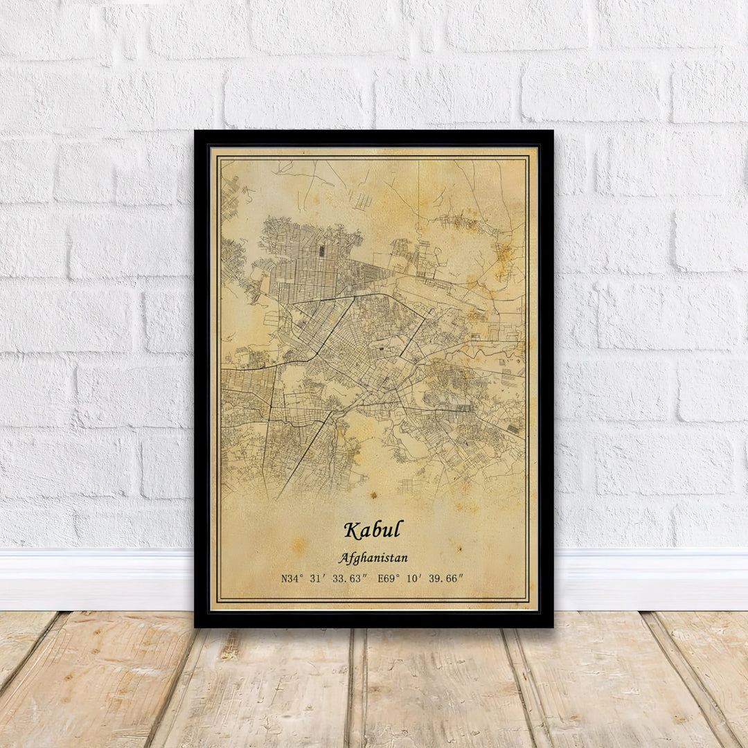 Vintage sepia city map poster of Kabul Afghanistan displaying precise cartographic lines and street geography, produced by MapYourDreams with choices including unframed poster prints, canvas wall decor, or custom framed prints in white, bronze, and silver frame selections.