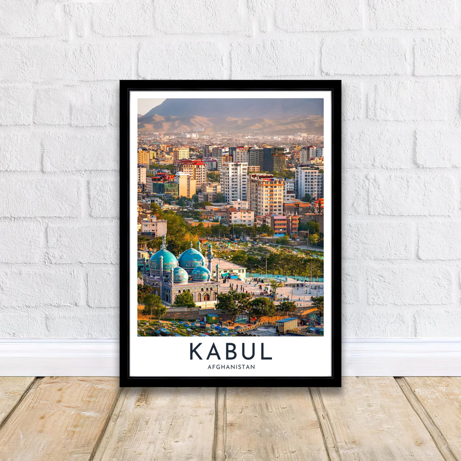 Vibrant travel photography print of Kabul Afghanistan showing urban city density and bright mountain views, available from MapYourDreams as an unframed fine art poster, stretched gallery canvas, or custom framed decor in classic black and natural wood frame styles for hallway walls.