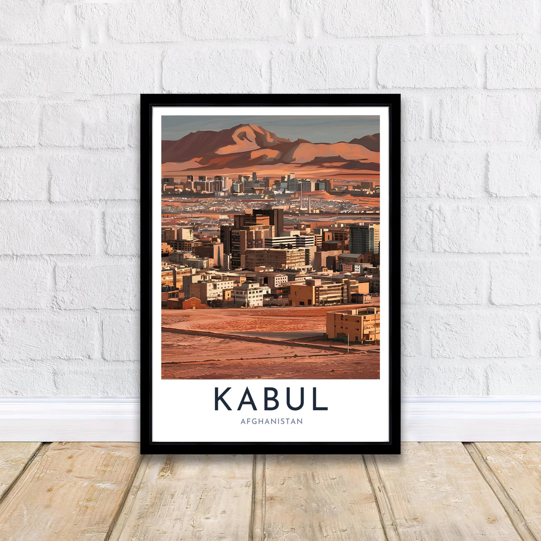 Kabul Afghanistan cityscape wall decor print featuring stylized desert mountain peaks in warm ambient lighting, created by MapYourDreams with choices including unframed prints, canvas wall art, or custom framed posters in white, bronze, and silver frame selections.