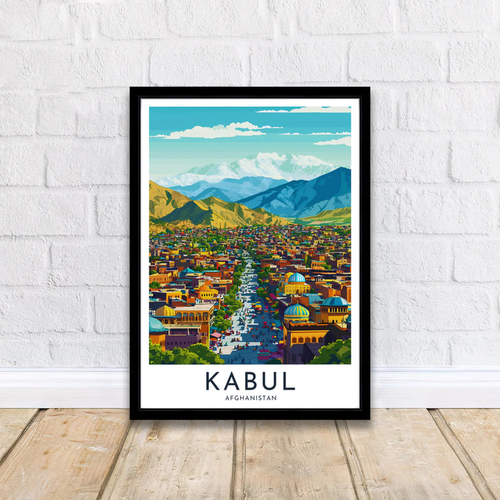 Vibrant vintage travel artwork poster of Kabul Afghanistan showing golden building facades and snowy Hindu Kush mountain peaks, available from MapYourDreams as an unframed fine art poster, stretched gallery canvas, or custom framed decor in classic black and natural wood frame styles.