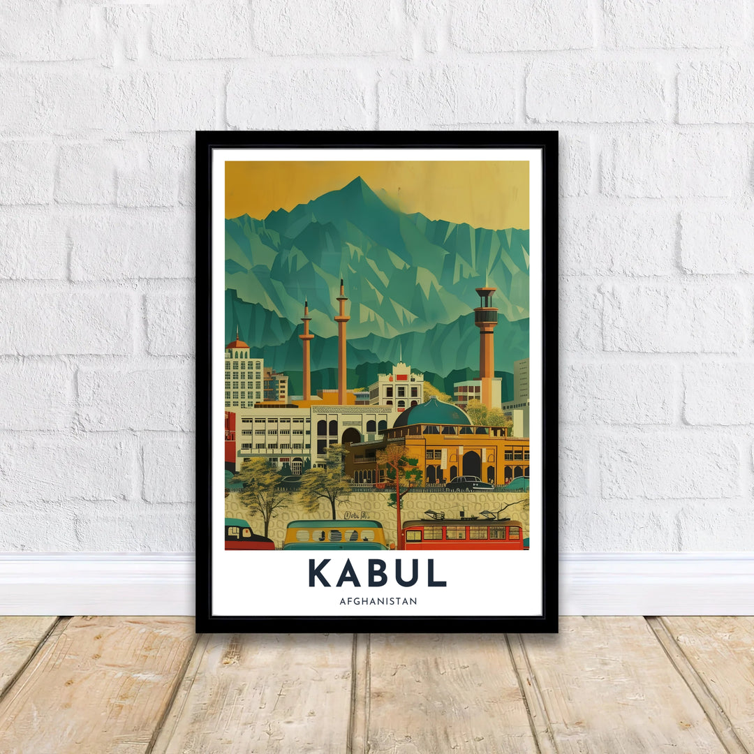 Vibrant retro cityscape poster highlighting the impressive minarets and steep green mountain ridges of Kabul, Afghanistan. Available from MapYourDreams as an unframed fine art poster, a stretched gallery canvas, or a custom framed decor piece in classic black and natural wood frame styles.