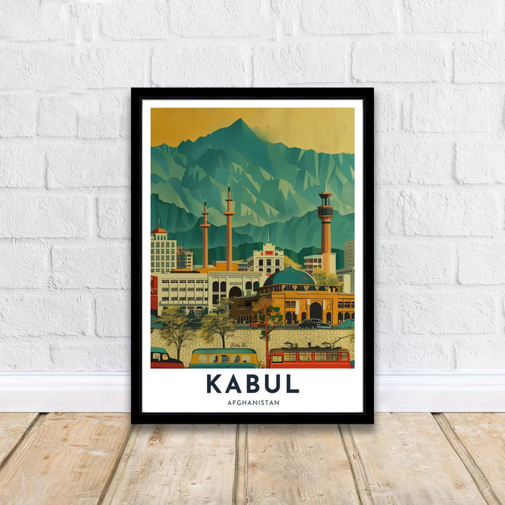Vibrant retro cityscape poster highlighting the impressive minarets and steep green mountain ridges of Kabul, Afghanistan. Available from MapYourDreams as an unframed fine art poster, a stretched gallery canvas, or a custom framed decor piece in classic black and natural wood frame styles.
