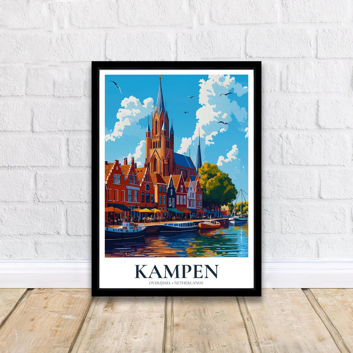 Retro vector travel poster showcasing the riverfront skyline of Kampen Overijssel Netherlands under a sunny blue sky, offered by MapYourDreams where options include an unframed paper art print, gallery canvas wall decor, or custom frame choices tailored for modern mid-century spaces.