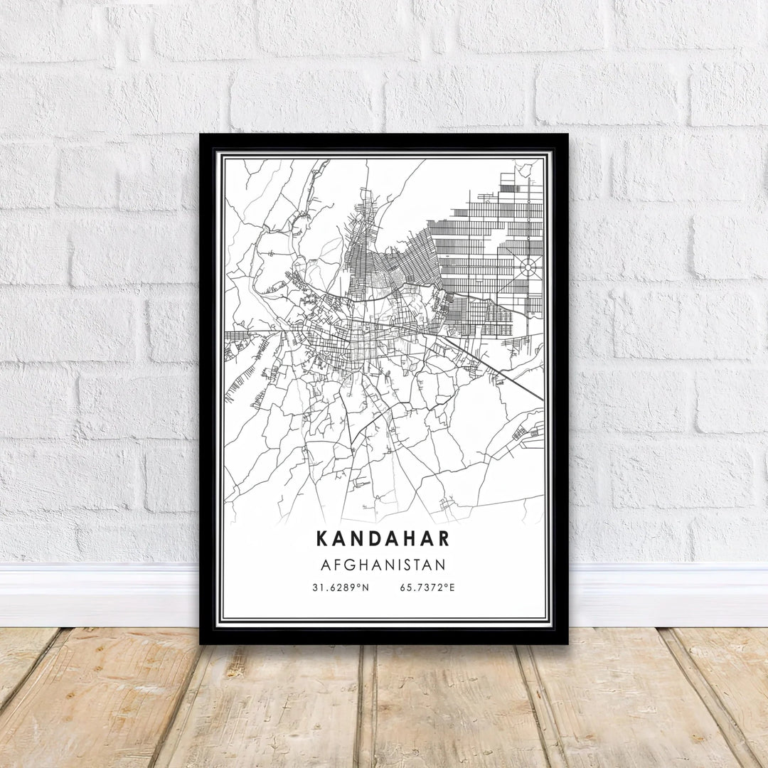 Clean line art map illustration poster of Kandahar, Afghanistan, showing city layout details, transit routes, and modern typography. Supplied by MapYourDreams as an unframed paper print, a gallery canvas print, or a custom framed wall art piece in a retro white frame for Scandinavian interior layouts.