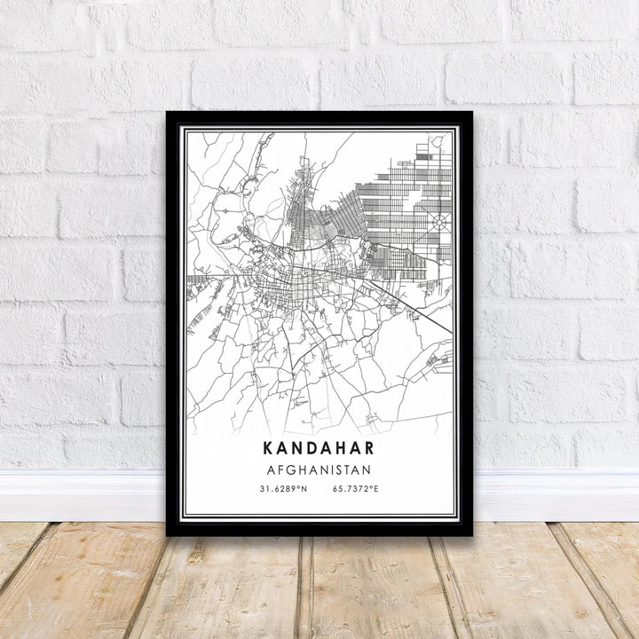 Clean line art map illustration poster of Kandahar, Afghanistan, showing city layout details, transit routes, and modern typography. Supplied by MapYourDreams as an unframed paper print, a gallery canvas print, or a custom framed wall art piece in a retro white frame for Scandinavian interior layouts.
