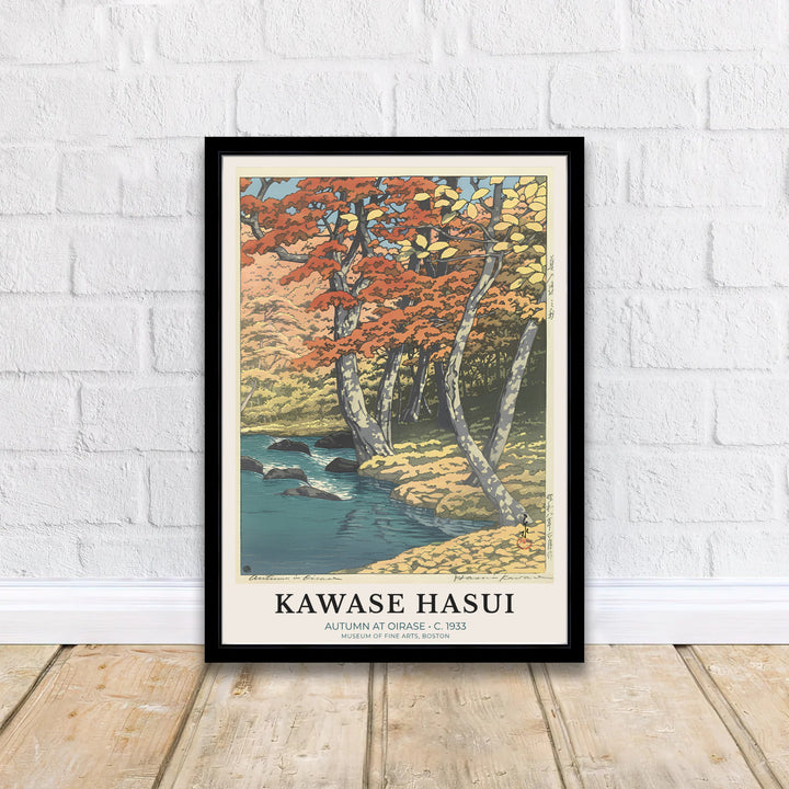 Scenic Aomori autumn travel wall art Autumn at Oirase by artist Kawase Hasui highlighting 1933 landscape art at Oirase Mountain Stream. MapYourDreams delivers archival framed, unframed paper, and gallery canvas prints.