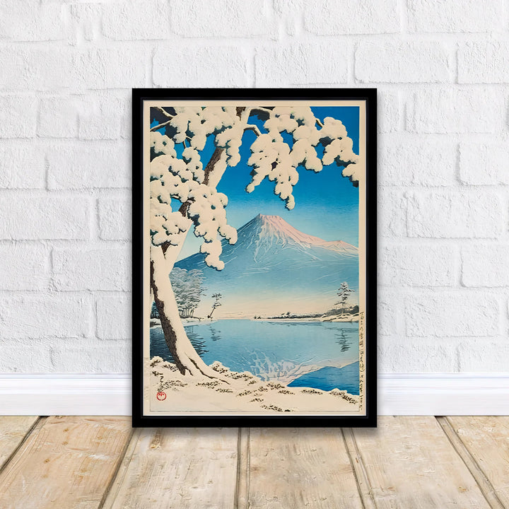 Scenic Yamanashi landscape travel wall art Lake Kawaguchi by artist Kawase Hasui highlighting 1932 alpine art at Lake Kawaguchi. MapYourDreams delivers archival framed, unframed paper, and gallery canvas prints.