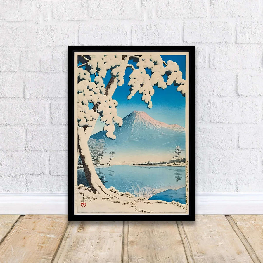 Scenic Yamanashi landscape travel wall art Lake Kawaguchi by artist Kawase Hasui highlighting 1932 alpine art at Lake Kawaguchi. MapYourDreams delivers archival framed, unframed paper, and gallery canvas prints.