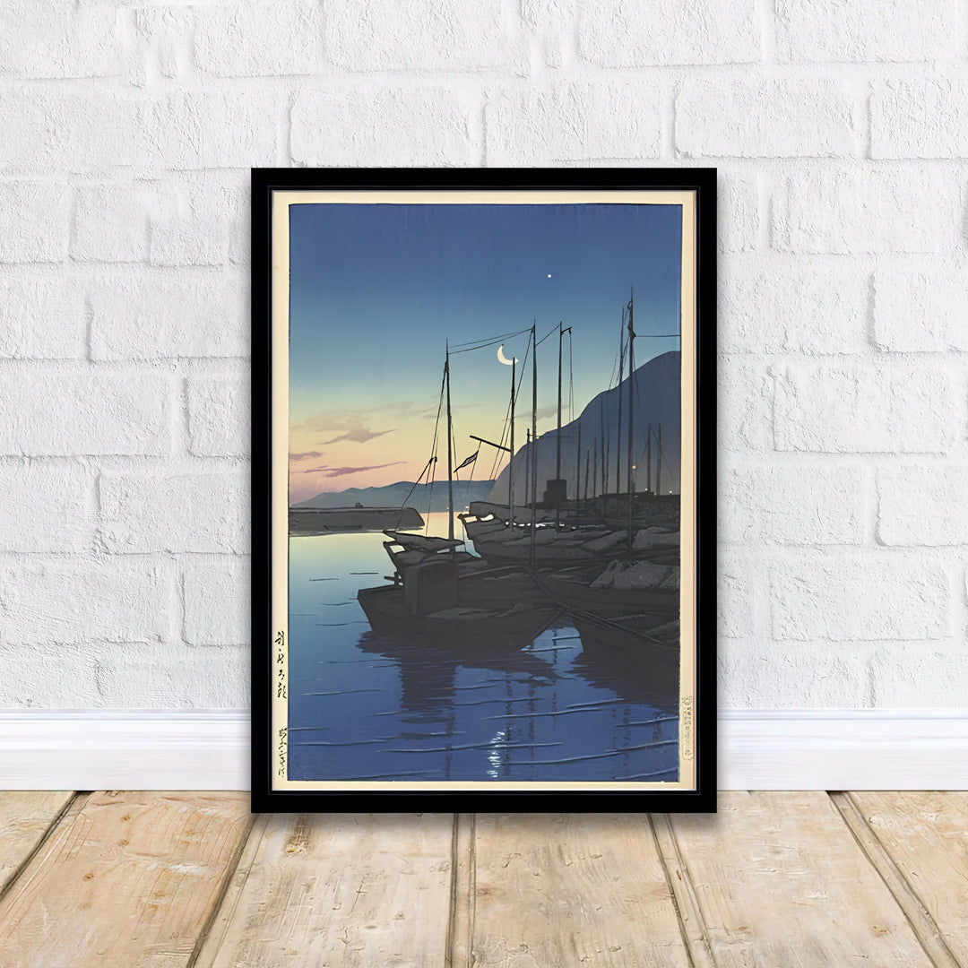 Scenic Oita harbor travel wall art Morning in Beppu by artist Kawase Hasui highlighting 1928 landscape art at Morning in Beppu. MapYourDreams delivers archival framed, unframed paper, and gallery canvas prints.