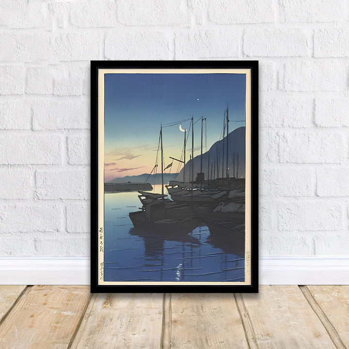Scenic Oita harbor travel wall art Morning in Beppu by artist Kawase Hasui highlighting 1928 landscape art at Morning in Beppu. MapYourDreams delivers archival framed, unframed paper, and gallery canvas prints.