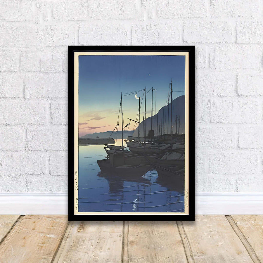 Scenic Oita harbor travel wall art Morning in Beppu by artist Kawase Hasui highlighting 1928 landscape art at Morning in Beppu. MapYourDreams delivers archival framed, unframed paper, and gallery canvas prints.