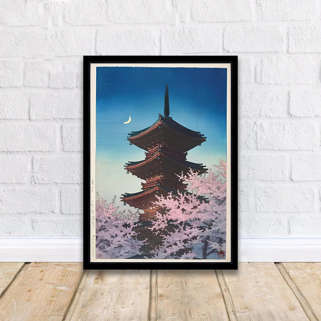 Kawase Hasui Spring Evening Ueno 1948 Japanese print of Spring Evening Ueno by artist Kawase Hasui displaying Kaneiji pagoda and cherry blossoms under a crescent moon at Spring Evening Ueno. MapYourDreams offers framed, unframed paper, and canvas wall art options.