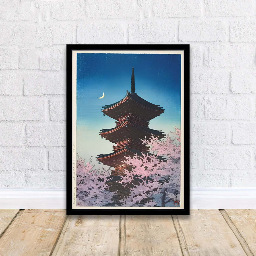 Kawase Hasui Spring Evening Ueno 1948 Japanese print of Spring Evening Ueno by artist Kawase Hasui displaying Kaneiji pagoda and cherry blossoms under a crescent moon at Spring Evening Ueno. MapYourDreams offers framed, unframed paper, and canvas wall art options.