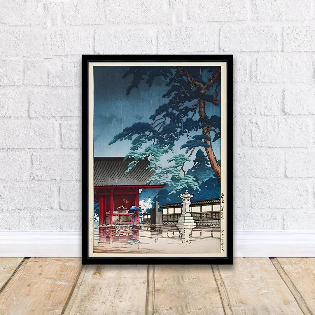 Kawase Hasui Spring Rain Gokokuji Temple 1932 Japanese print of Spring Rain Gokokuji Temple by artist Kawase Hasui displaying a person with an umbrella at Spring Rain Gokokuji Temple. MapYourDreams offers framed, unframed paper, and canvas wall art options.