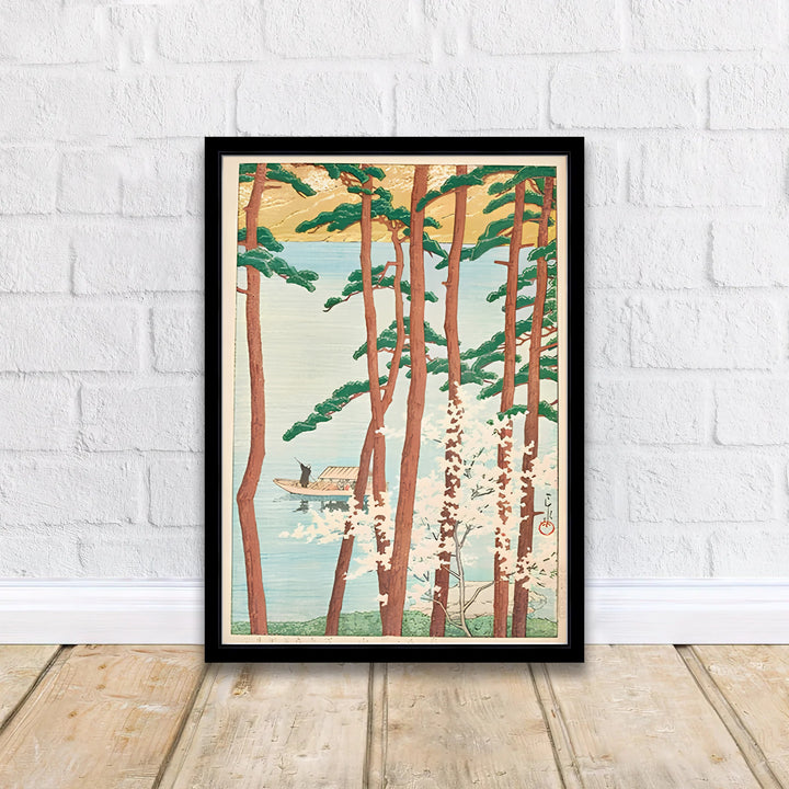 Kawase Hasui Spring at Arashiyama Kyoto 1934 Japanese print of Spring at Arashiyama Kyoto by artist Kawase Hasui displaying cherry blossoms and a wooden boat on the river at Spring at Arashiyama Kyoto. MapYourDreams offers framed, unframed paper, and canvas wall art options.