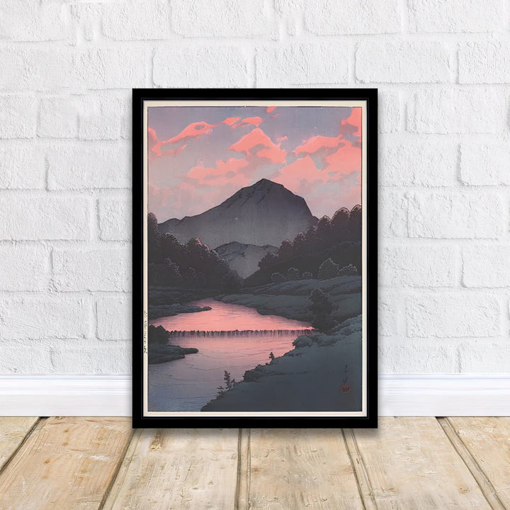 Kawase Hasui Sunset at Oirase 1933 Japanese print of Sunset at Oirase by artist Kawase Hasui displaying mountain peaks and pink clouds at Sunset at Oirase. MapYourDreams offers framed, unframed paper, and canvas wall art options.