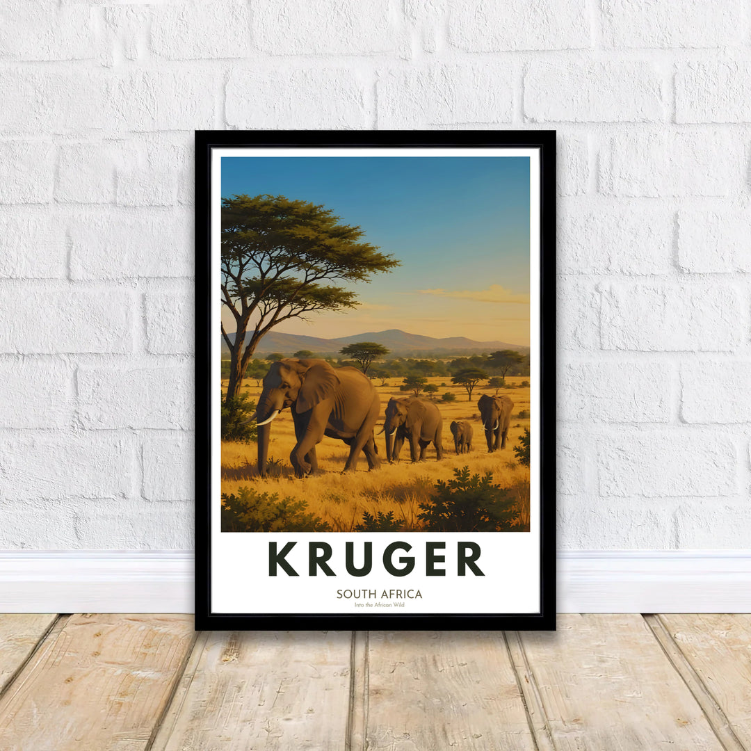 African wildlife poster illustration showing an elephant herd in warm golden sunlight surrounded by natural savanna landscape features. Offered by MapYourDreams, this artwork is available in flexible options including unframed paper, custom wooden frames, and gallery canvas options for any space.