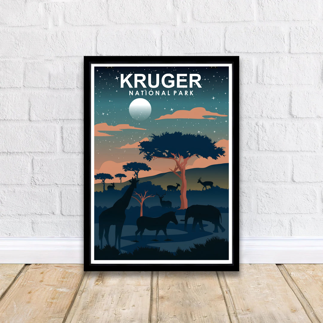 Vintage style night safari art print depicting wild animals standing near water under a bright moon and starlit sky in Kruger National Park. Offered by MapYourDreams, this artwork is available in flexible options including unframed paper, custom wooden frames, and gallery canvas wraps for tailored home wall decor setups.