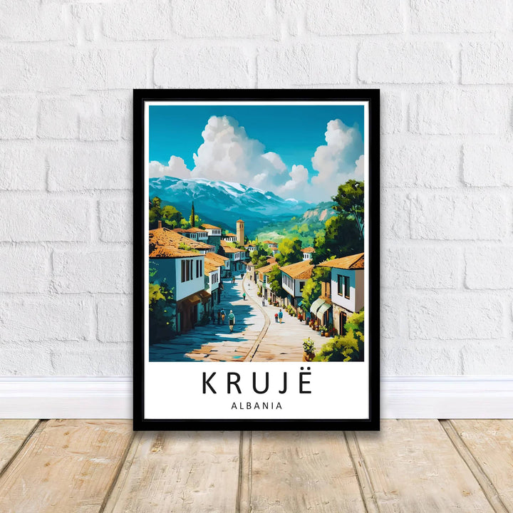 Crisp graphic linework and vibrant color gradients capture the historic architecture of Krujë, balanced by bright blue skies and fluffy clouds above. Offered by MapYourDreams printed on archival matte paper with options for custom frames or canvas wraps to complete your gallery wall.