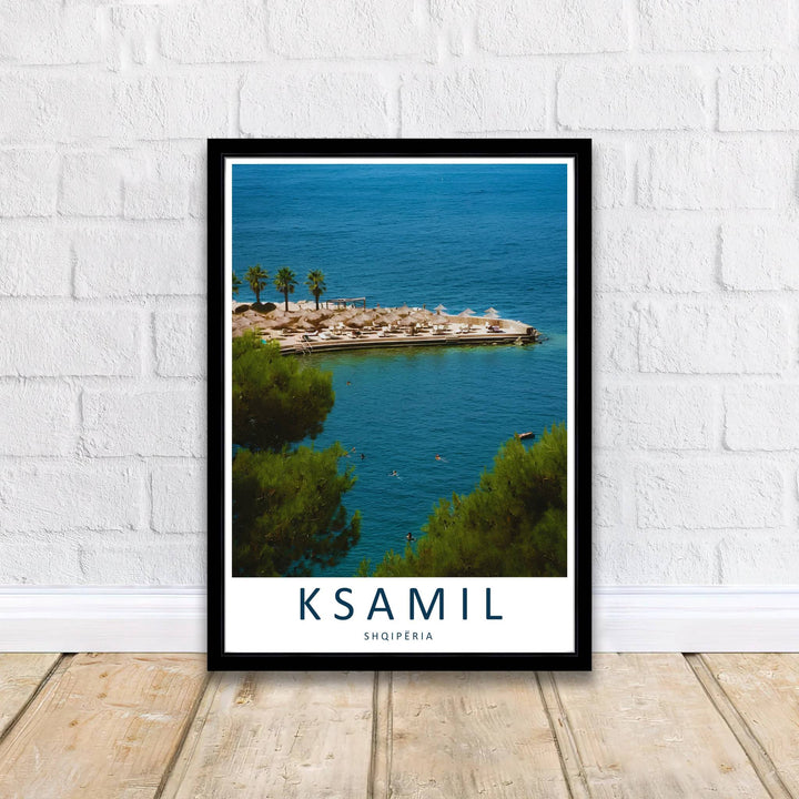 Crisp photographic details capture the resort pier and umbrellas of Ksamil, balanced by bright azure skies and deep blue coastal waters below. Offered by MapYourDreams printed on archival matte paper with options for custom frames or canvas wraps to complete your gallery wall.