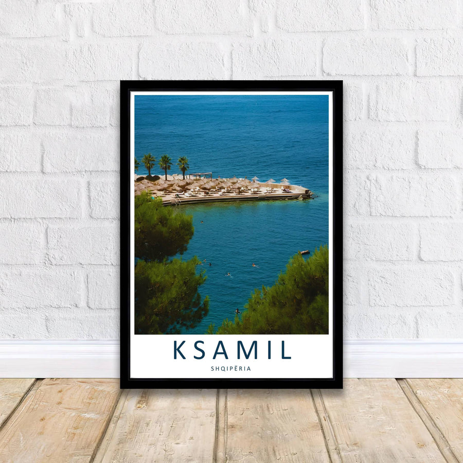 Crisp photographic details capture the resort pier and umbrellas of Ksamil, balanced by bright azure skies and deep blue coastal waters below. Offered by MapYourDreams printed on archival matte paper with options for custom frames or canvas wraps to complete your gallery wall.