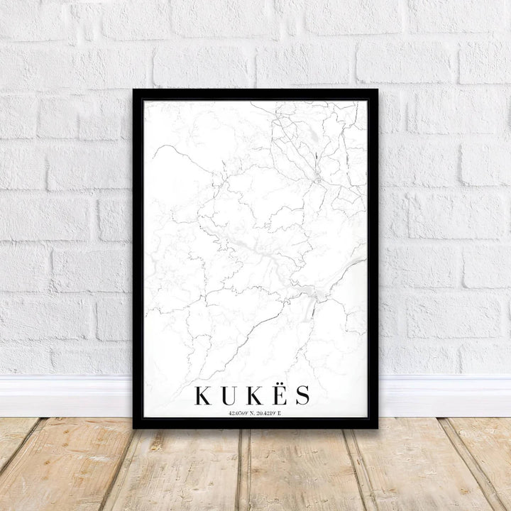 Bring modern cartographic elegance to your wall decor with a minimalist black and white map of Kukës County, designed for clean interiors. Flexible purchasing options include unframed matte paper prints, framed presentations, and wrapped canvas formats.