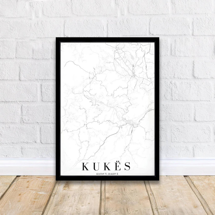 Bring modern cartographic elegance to your wall decor with a minimalist black and white map of Kukës County, designed for clean interiors. Flexible purchasing options include unframed matte paper prints, framed presentations, and wrapped canvas formats.
