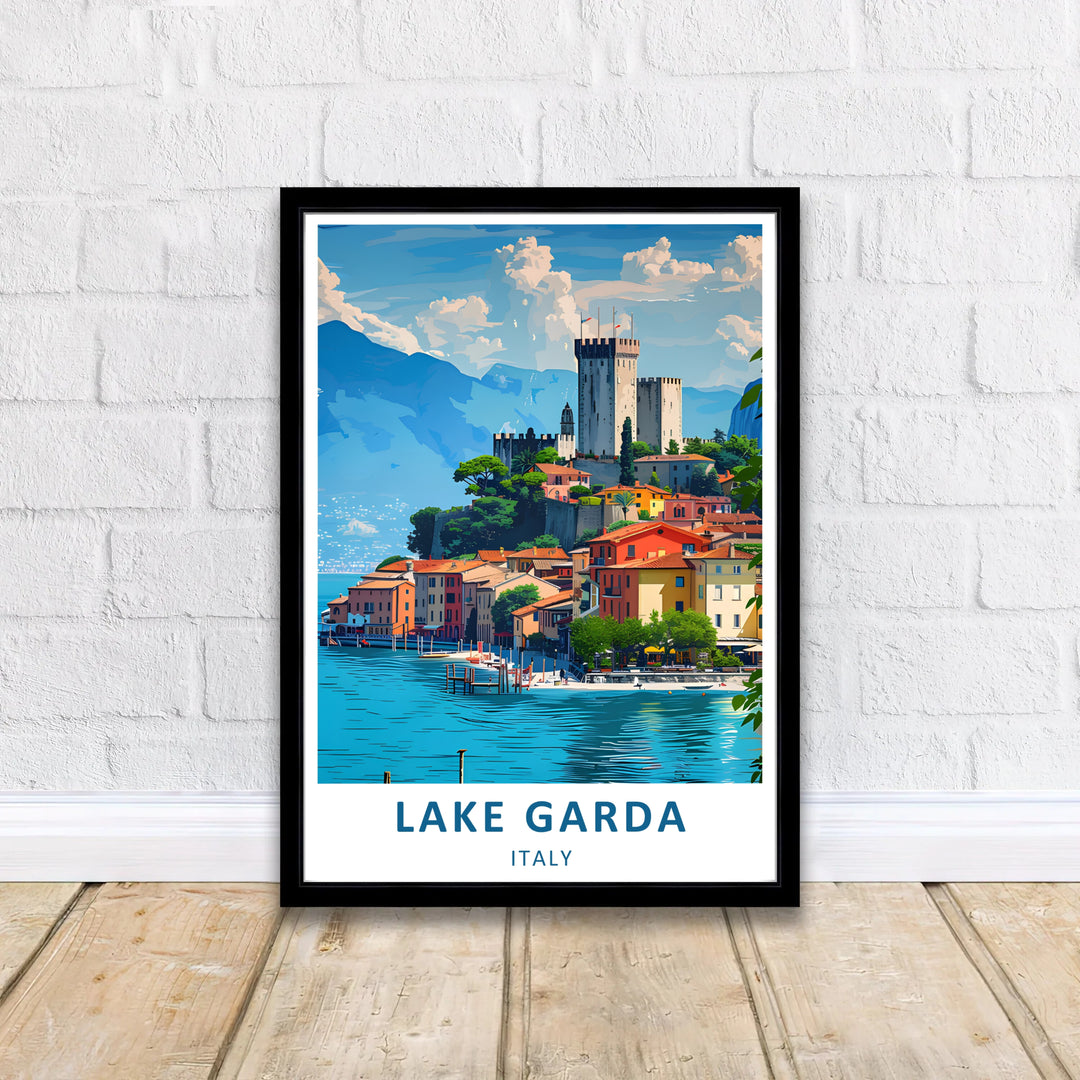 Architectural and landscape wall decor capturing the timeless beauty of Lake Garda and Malcesine in Italy, featuring a detailed medieval castle atop a hill overlooking the lake; manufactured in multiple formats including canvas prints, unframed posters, and framed print options.