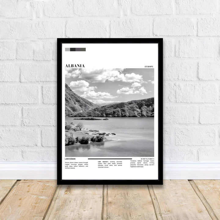 Crisp photographic details capture the wooded shoreline and calm surface of Lake Koman, balanced by clean editorial typography headers at the top. Offered by MapYourDreams printed on archival matte paper with options for custom frames or canvas wraps to complete your gallery wall.