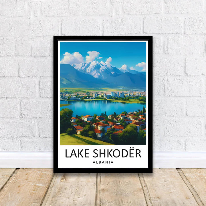 Crisp graphic linework and vibrant color gradients capture the urban and natural scenery of Shkodra, balanced by bright azure skies and cloud formations. Offered by MapYourDreams printed on archival matte paper with options for custom frames or canvas wraps to complete your gallery wall.