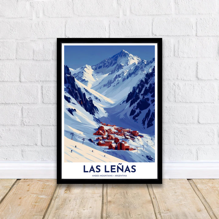 High-contrast ski lodge wall art showing terracotta red chalets and soaring Andes mountains in winter light. Curated by MapYourDreams, this wall piece offers customizable choices such as archival paper prints, real wood frames, or canvas wraps.