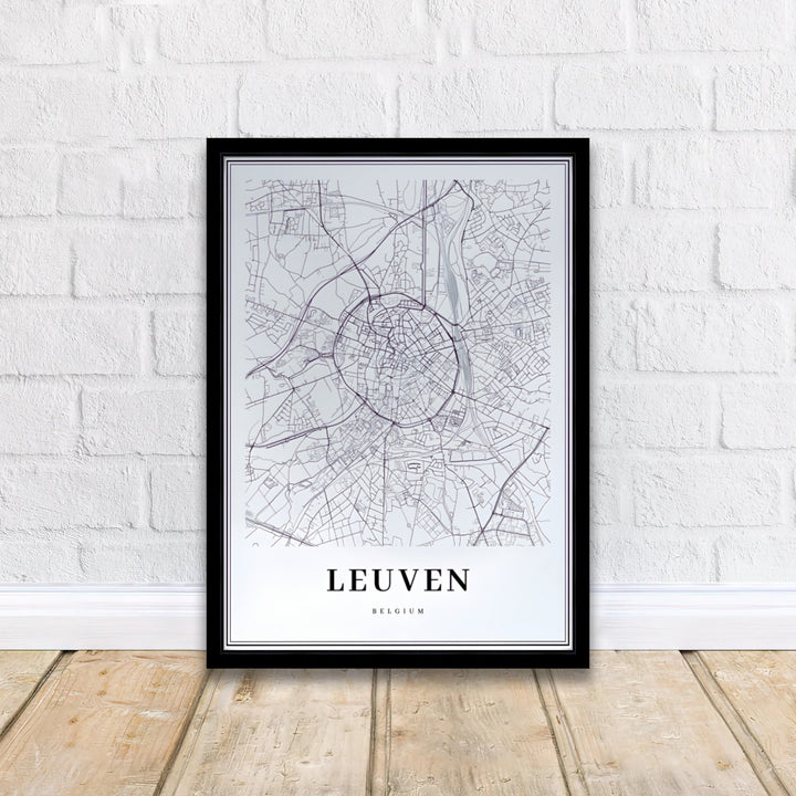 Modern monochrome wall art print with a pinstripe border illustrating Leuven, Belgium. Offered by MapYourDreams, this artwork is available in flexible options including unframed paper, custom wooden frames, and gallery canvas wraps.