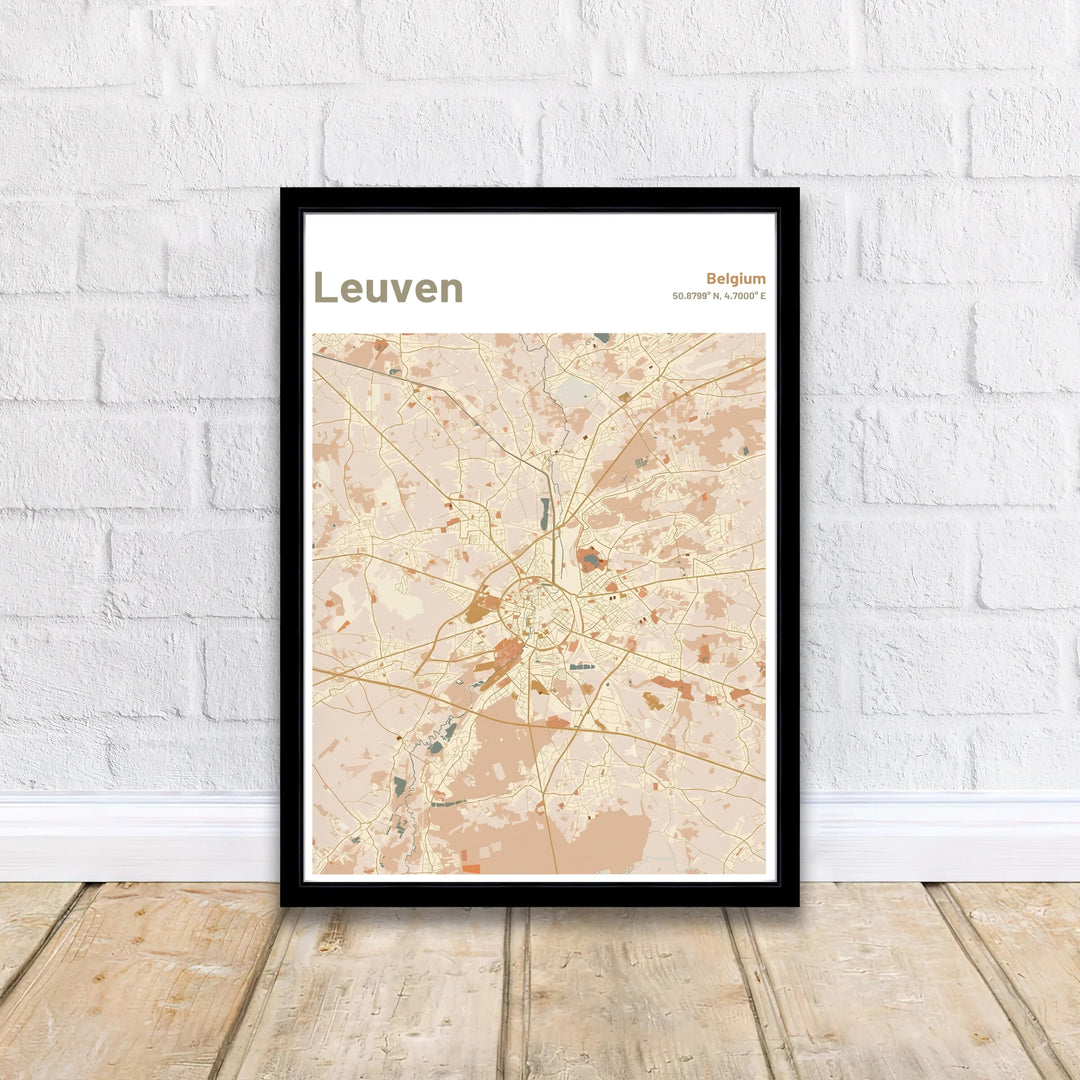 Modern warm tone wall art print with a white top banner illustrating Leuven, Belgium. Offered by MapYourDreams, this artwork is available in flexible options including unframed paper, custom wooden frames, and gallery canvas wraps.