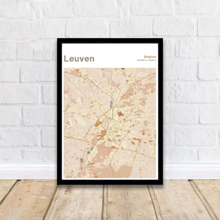 Modern warm tone wall art print with a white top banner illustrating Leuven, Belgium. Offered by MapYourDreams, this artwork is available in flexible options including unframed paper, custom wooden frames, and gallery canvas wraps.