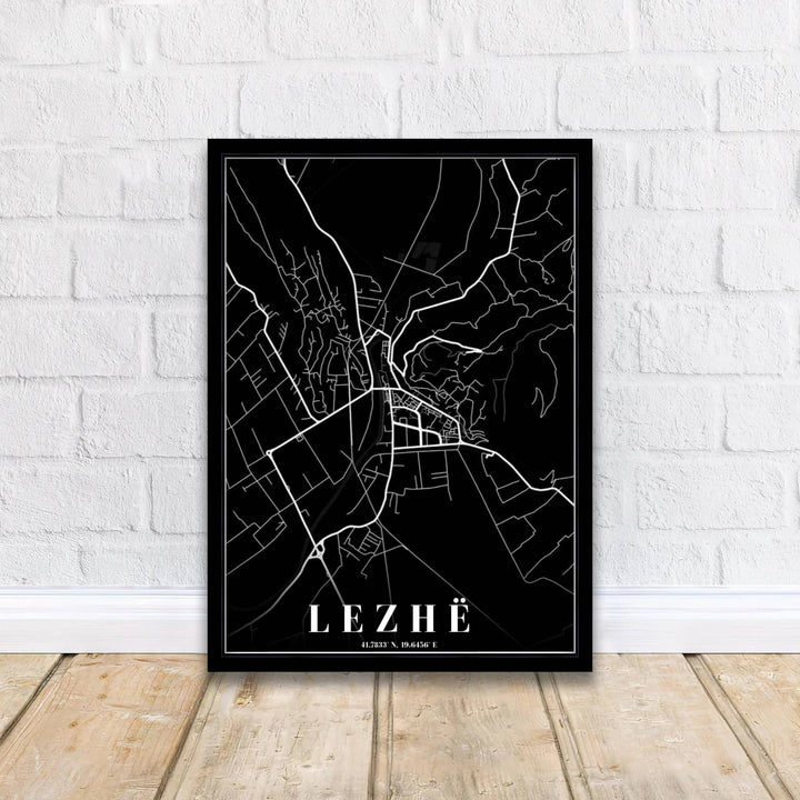Crisp white contrast and refined typography define this Lezhë street map print, showcasing regional highways and historic municipal paths. MapYourDreams offers this piece printed on archival stock, with options for custom frames or stretched canvas wraps.