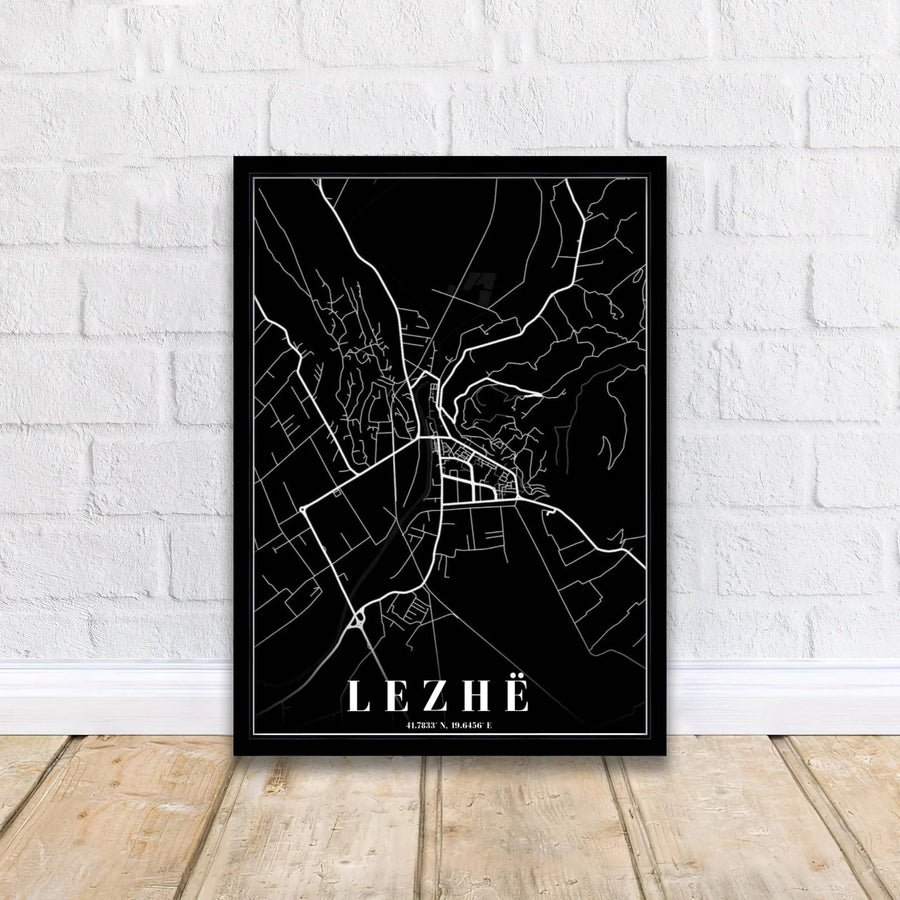 Crisp white contrast and refined typography define this Lezhë street map print, showcasing regional highways and historic municipal paths. MapYourDreams offers this piece printed on archival stock, with options for custom frames or stretched canvas wraps.