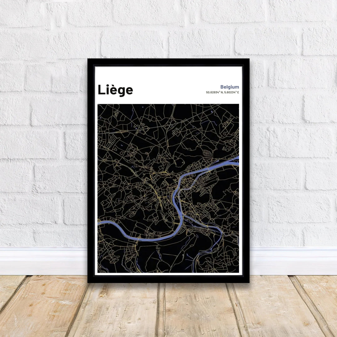 Modern dark aesthetic wall art print with a crisp white header banner illustrating Liège, Belgium. Offered by MapYourDreams, this artwork is available in flexible options including unframed paper, custom wooden frames, and gallery canvas wraps.