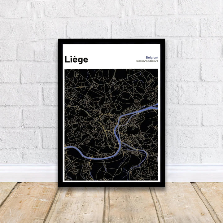 Modern dark aesthetic wall art print with a crisp white header banner illustrating Liège, Belgium. Offered by MapYourDreams, this artwork is available in flexible options including unframed paper, custom wooden frames, and gallery canvas wraps.